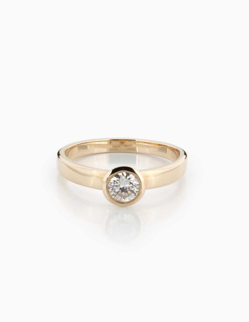 18ct rose gold solitaire ring with a bezel-set round diamond