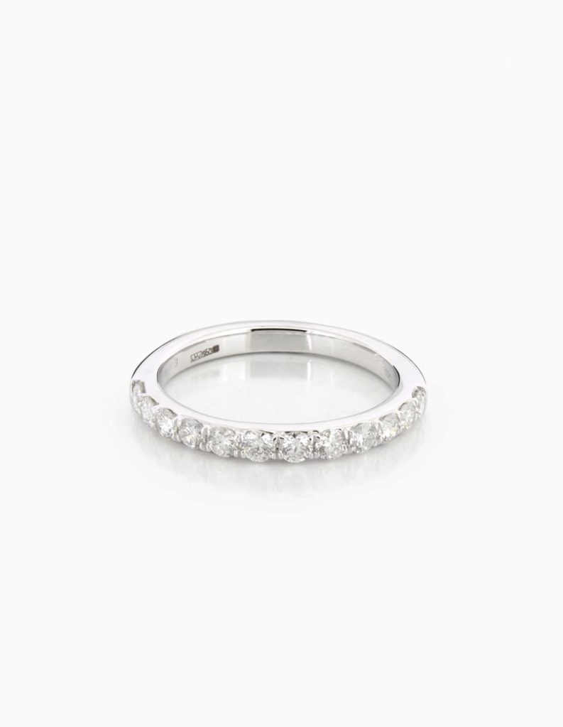 Platinum wedding ring set with a row of round pave diamonds
