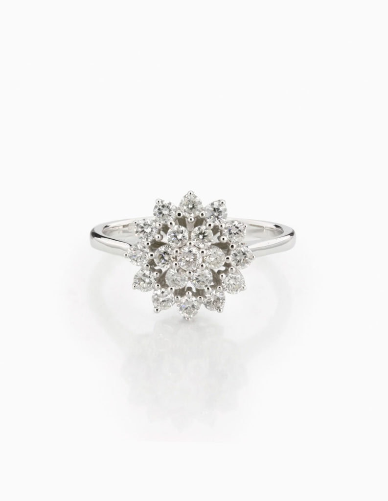 Diamond open cluster ring with a floral starburst of round brilliant-cut diamonds in white gold