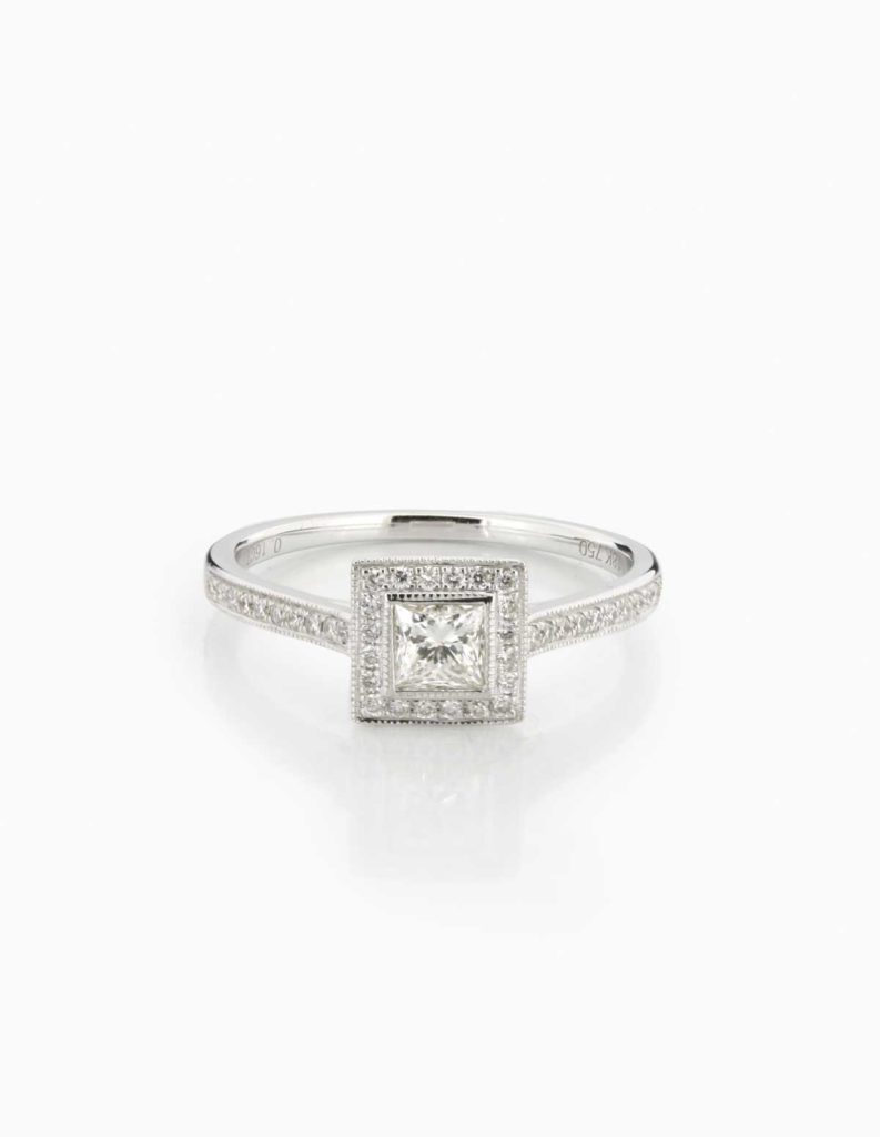 18ct white gold vintage-style halo ring with a princess-cut diamond in a square diamond halo
