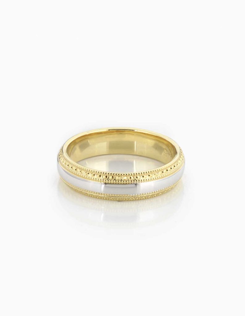 18ct white and yellow gold two-tone wedding band with milgrain-edged borders
