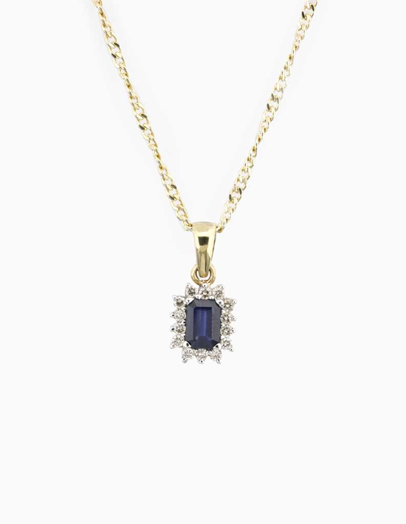 9ct yellow gold pendant with an emerald-cut sapphire framed by a diamond halo, on a curb chain