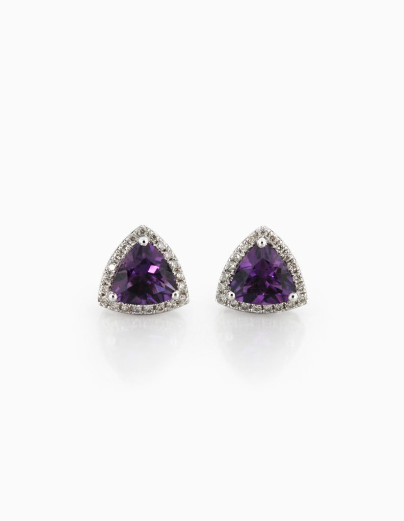 18ct white gold stud earrings with a trillion-cut amethyst framed by a diamond halo