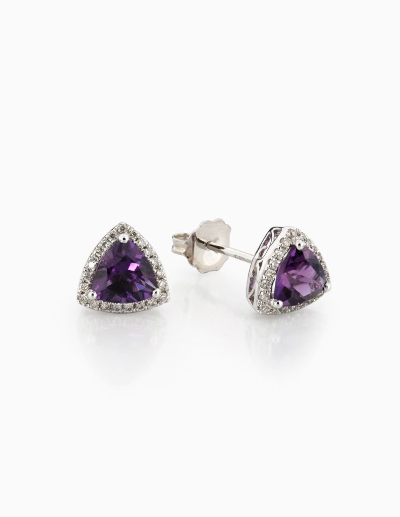 Pair of 18ct white gold stud earrings with trillion-cut amethysts framed by diamond halos, shown with the post and butterfly back