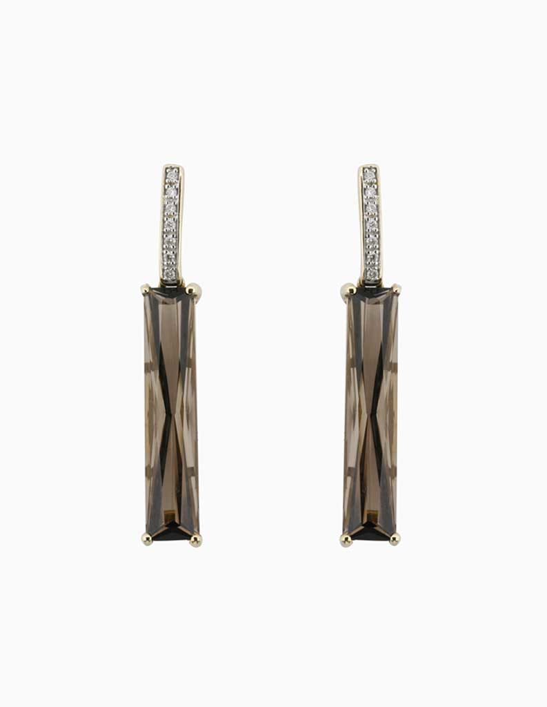 9ct gold drop earrings with elongated smoky quartz baguettes and pave diamond tops