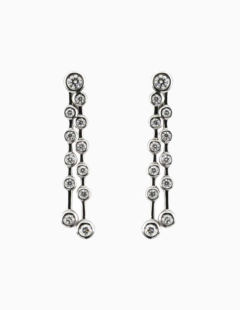 18ct white gold drop earrings with two rows of rub-over set round diamonds