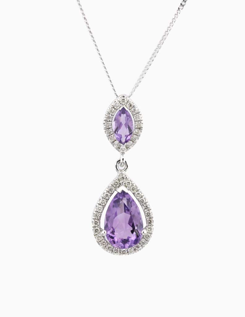 9ct white gold double-drop pendant with a marquise and pear-shaped amethyst, each framed by a diamond halo