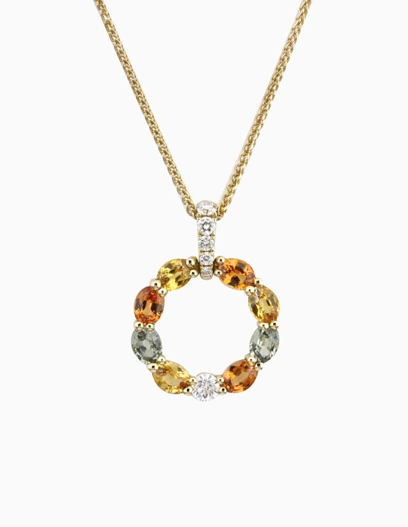 18ct yellow gold circle pendant necklace with multicoloured oval sapphires and diamond accents