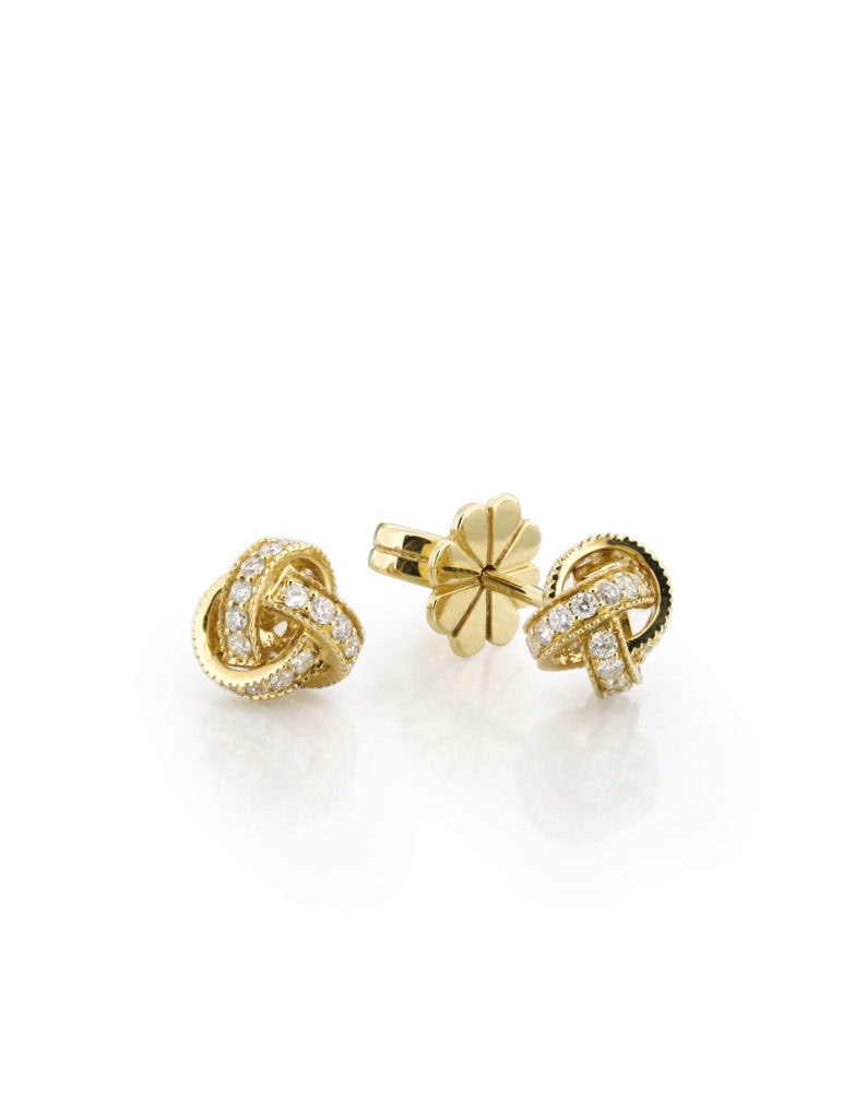 Pair of 18ct yellow gold knot stud earrings pave-set with diamonds, shown with the post and butterfly back