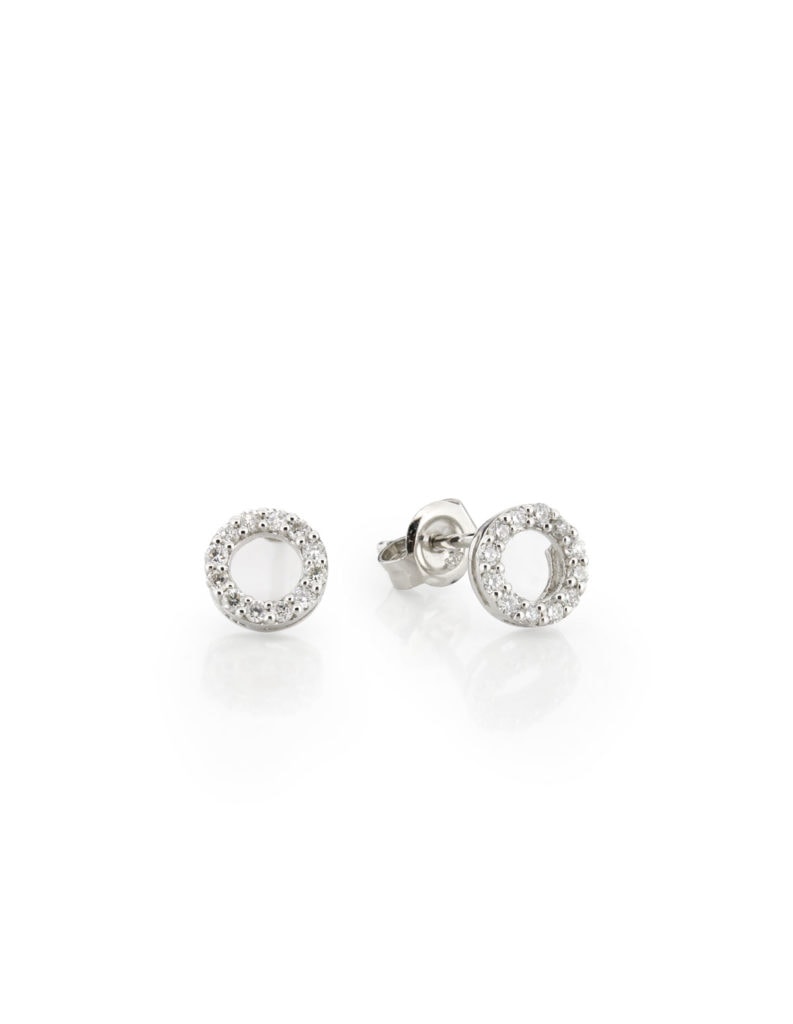 Pair of 9ct white gold circle stud earrings pave-set with round diamonds, shown with the post and butterfly back