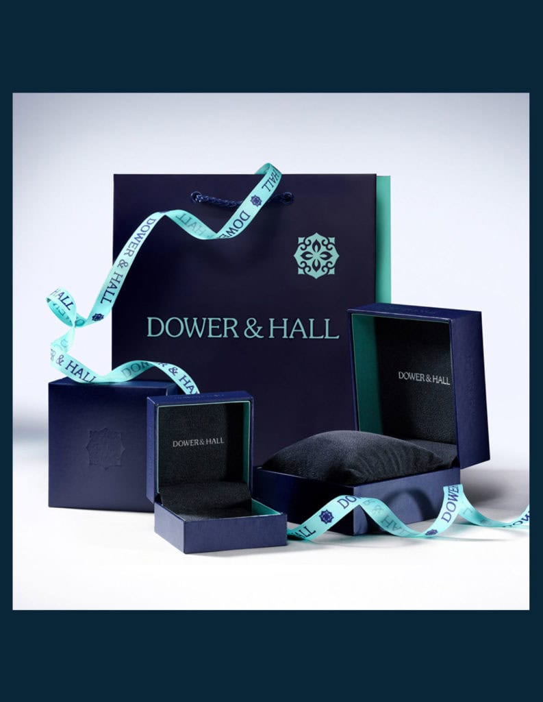 Dower and Hall luxury gift packaging with navy gift bag, boxes, and ribbon