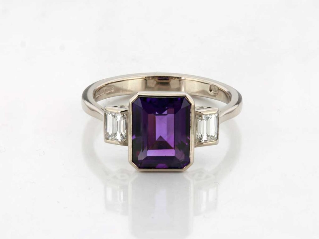 Amethyst & Diamond 3 Stone Ring