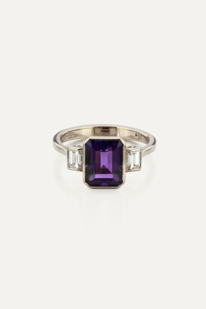Amethyst & Diamond 3 Stone Ring