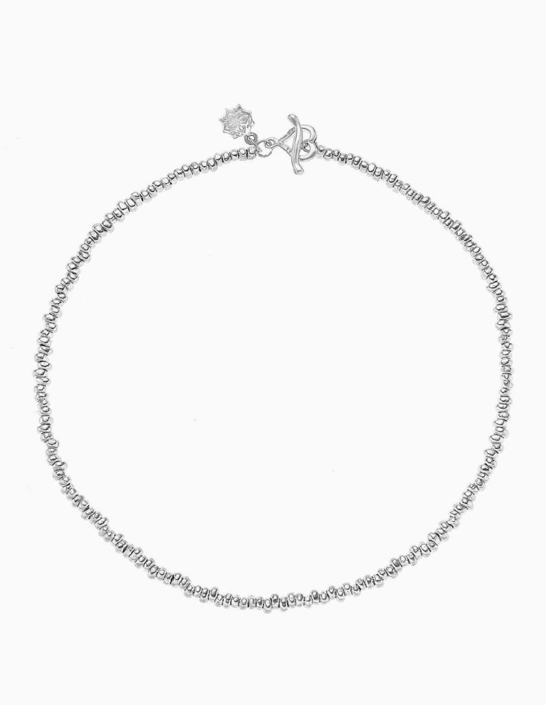 Silver necklace of small irregular nugget beads with a decorative T-bar toggle clasp