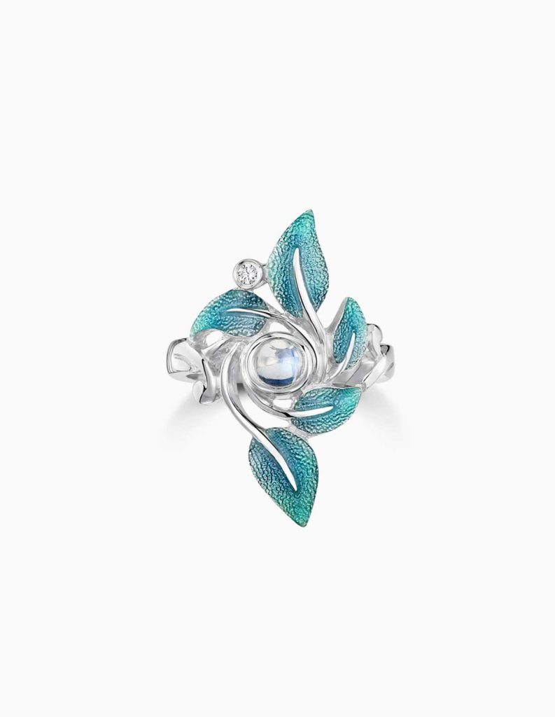 Silver Rowan Leaf Moonstone Enamel Ring
