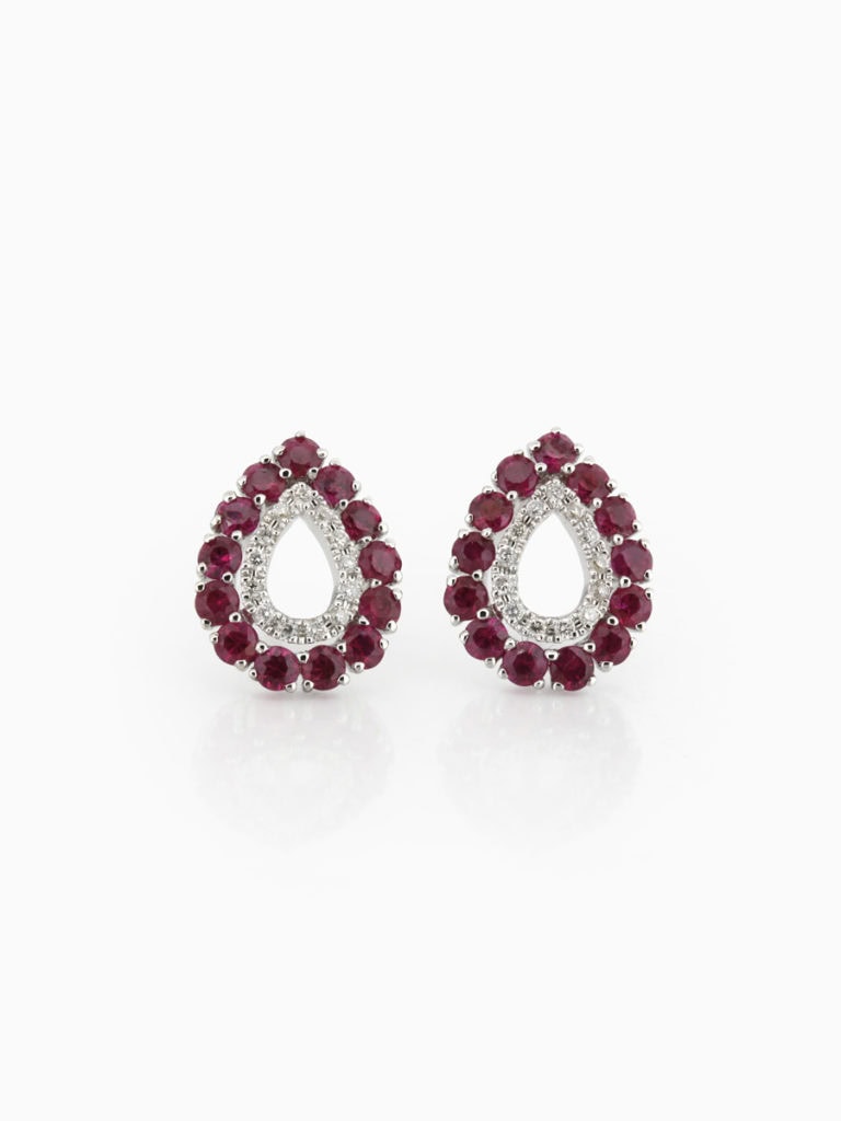 Stud earrings Diamond 0.08ct and Ruby 0.86ct pear shape 9ct white gold