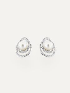 Stud earrings pearl and diamond pear shape swirl 9ct white gold