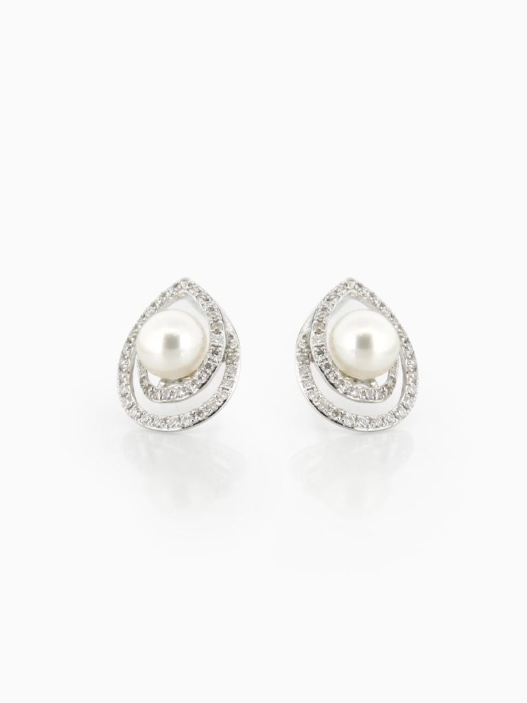 Stud earrings pearl and diamond pear shape swirl 9ct white gold