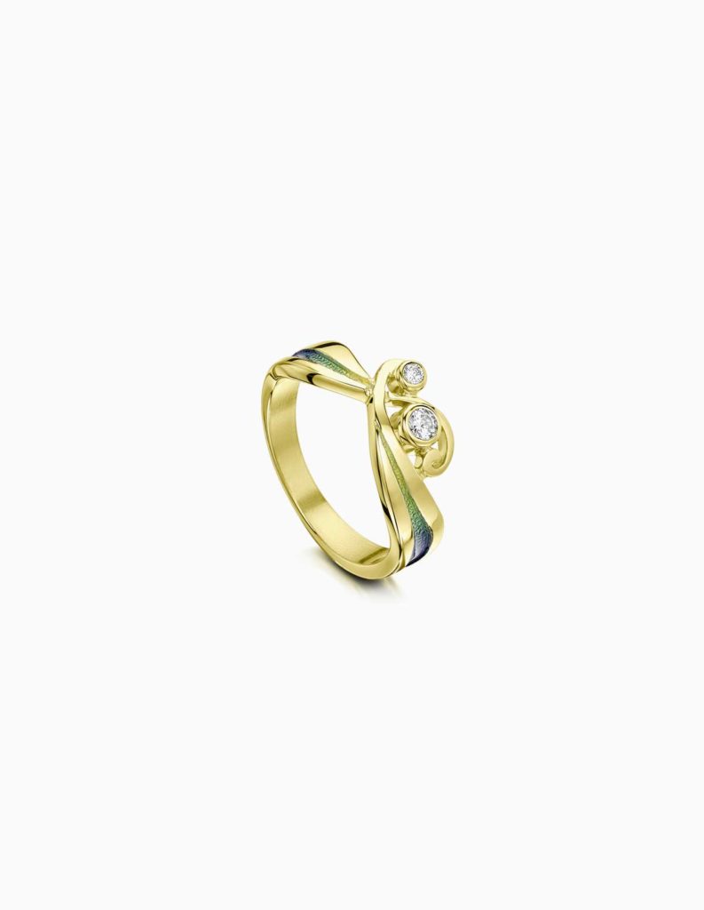 Dress ring crossover wave design blue/green enamel diamonds 0.10ct 18ct yellow gold Sheila Fleet