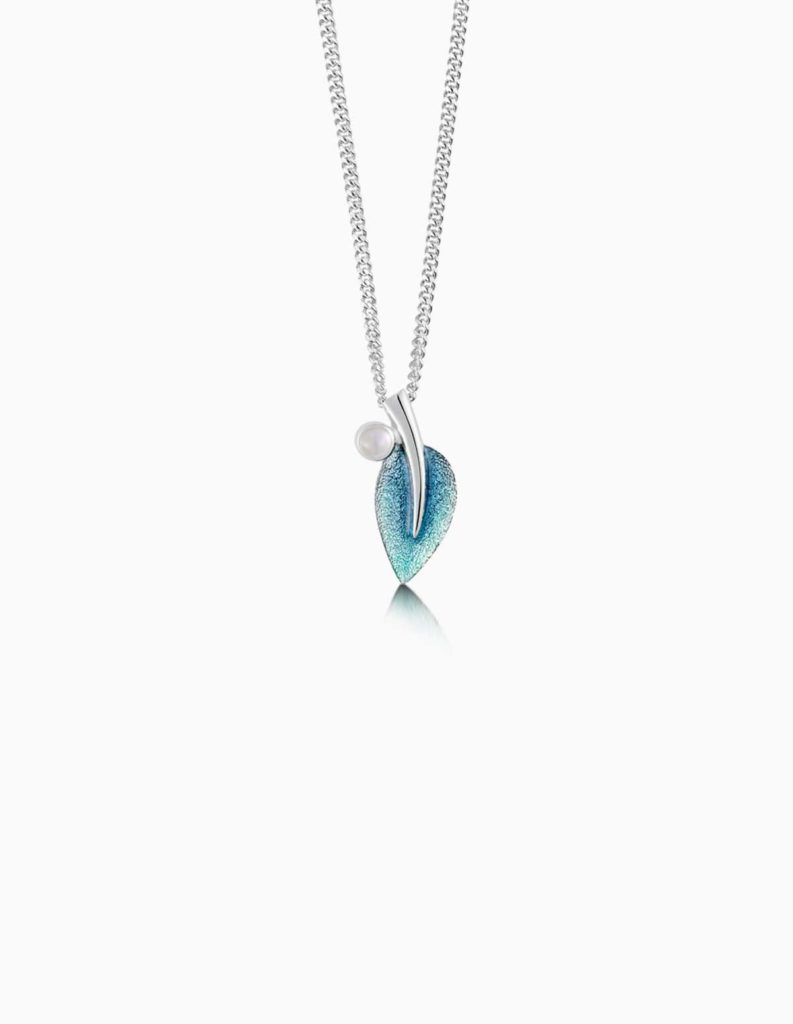 Silver Rowan Leaf Blue Enamel Necklace