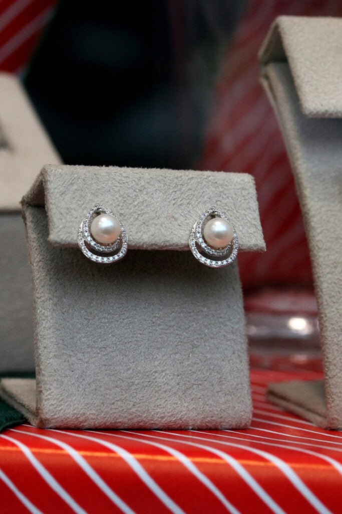Stud earrings pearl and diamond pear shape swirl 9ct white gold