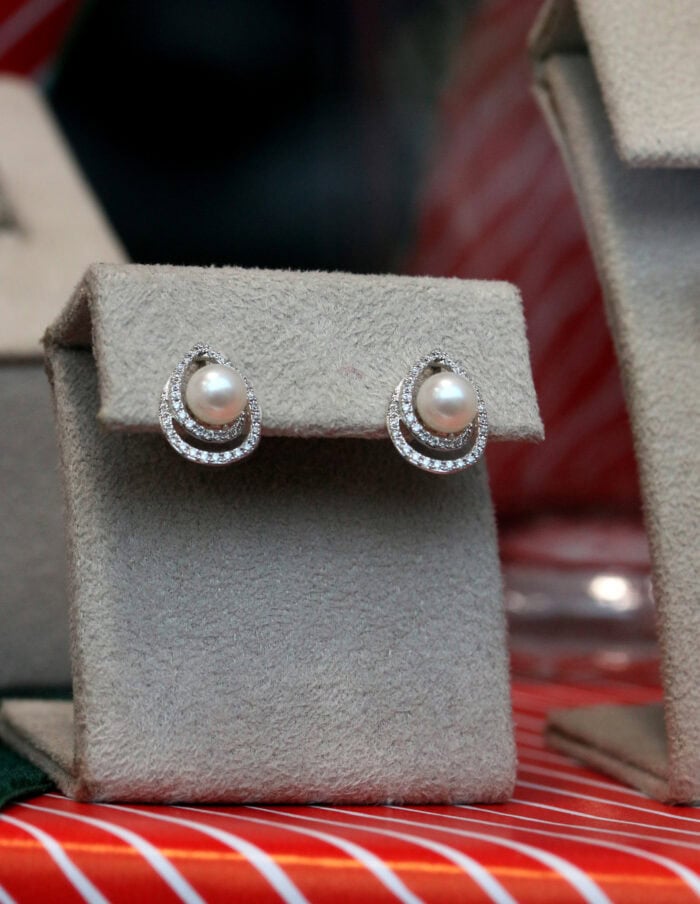Stud earrings pearl and diamond pear shape swirl 9ct white gold