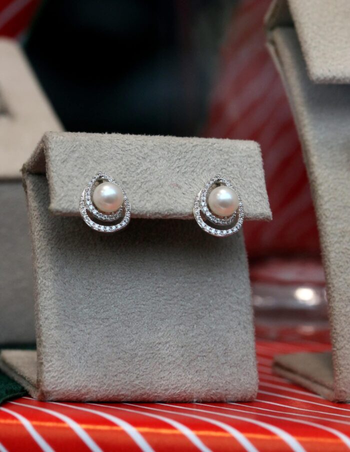 Stud earrings pearl and diamond pear shape swirl 9ct white gold