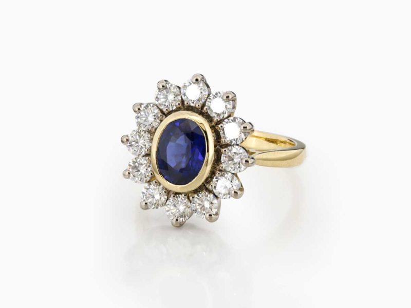 Sapphire and Diamons cluster ring