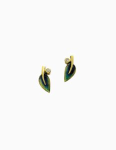 Stud earrings leaf with blue enamel and diamonds 0.06ct 18ct yellow gold Sheila Fleet