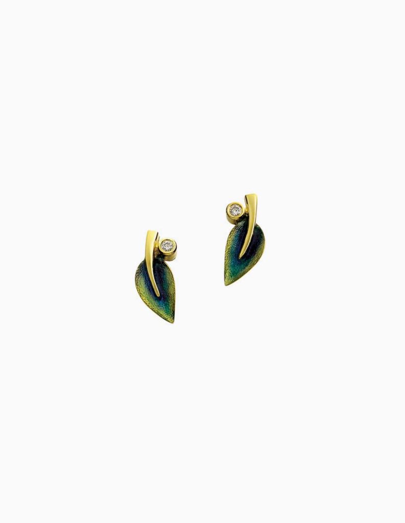 Stud earrings leaf with blue enamel and diamonds 0.06ct 18ct yellow gold Sheila Fleet