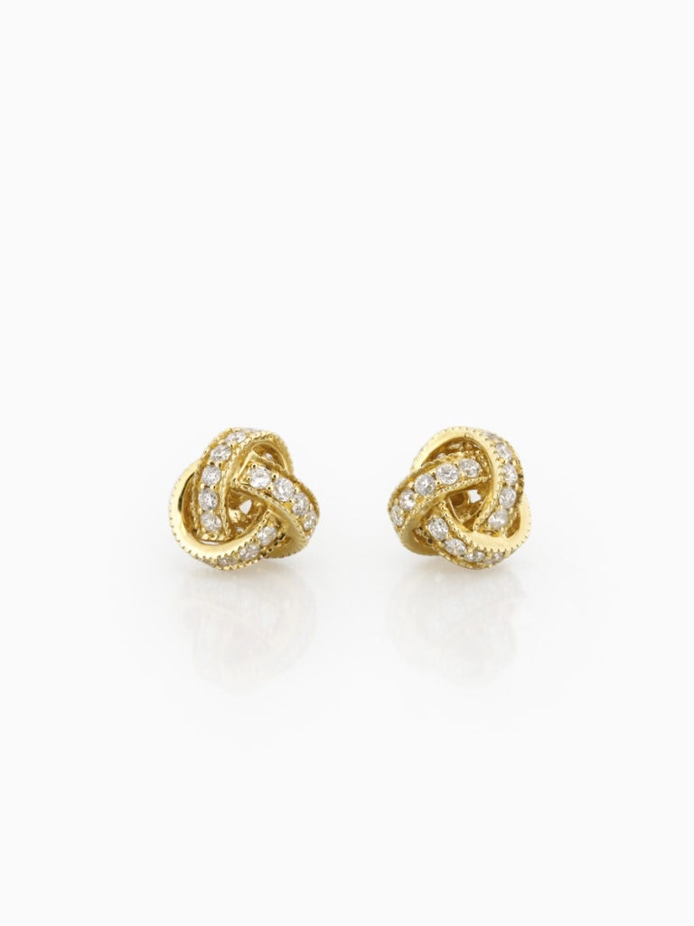 18ct yellow gold knot stud earrings pave-set with diamonds