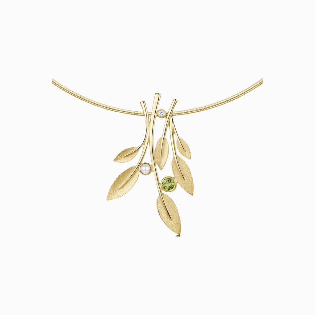 Necklace with leaf pendant and omega wire diamond, peridot and pearl 9ct yellow gold Shelia Fleet
