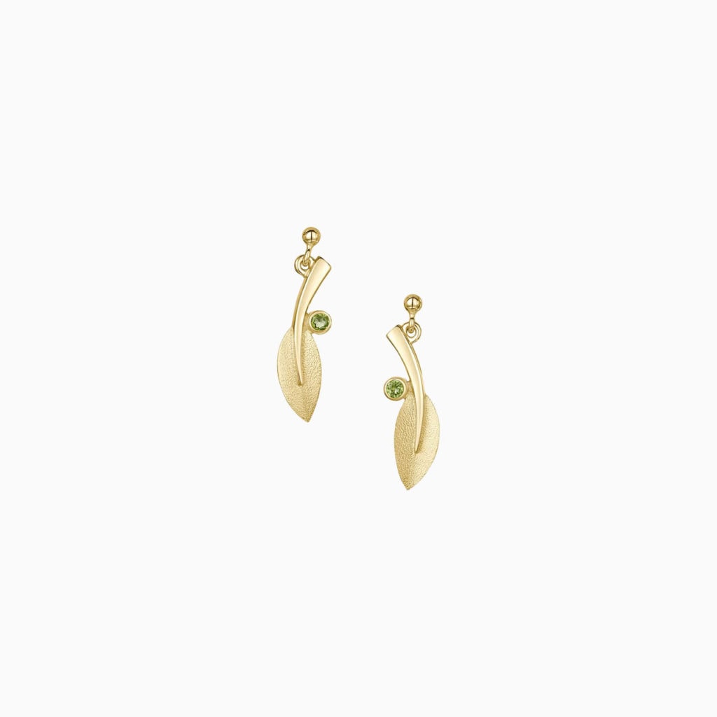 Drop earrings single leaf with peridot 9ct yellow gold Sheila Fleet