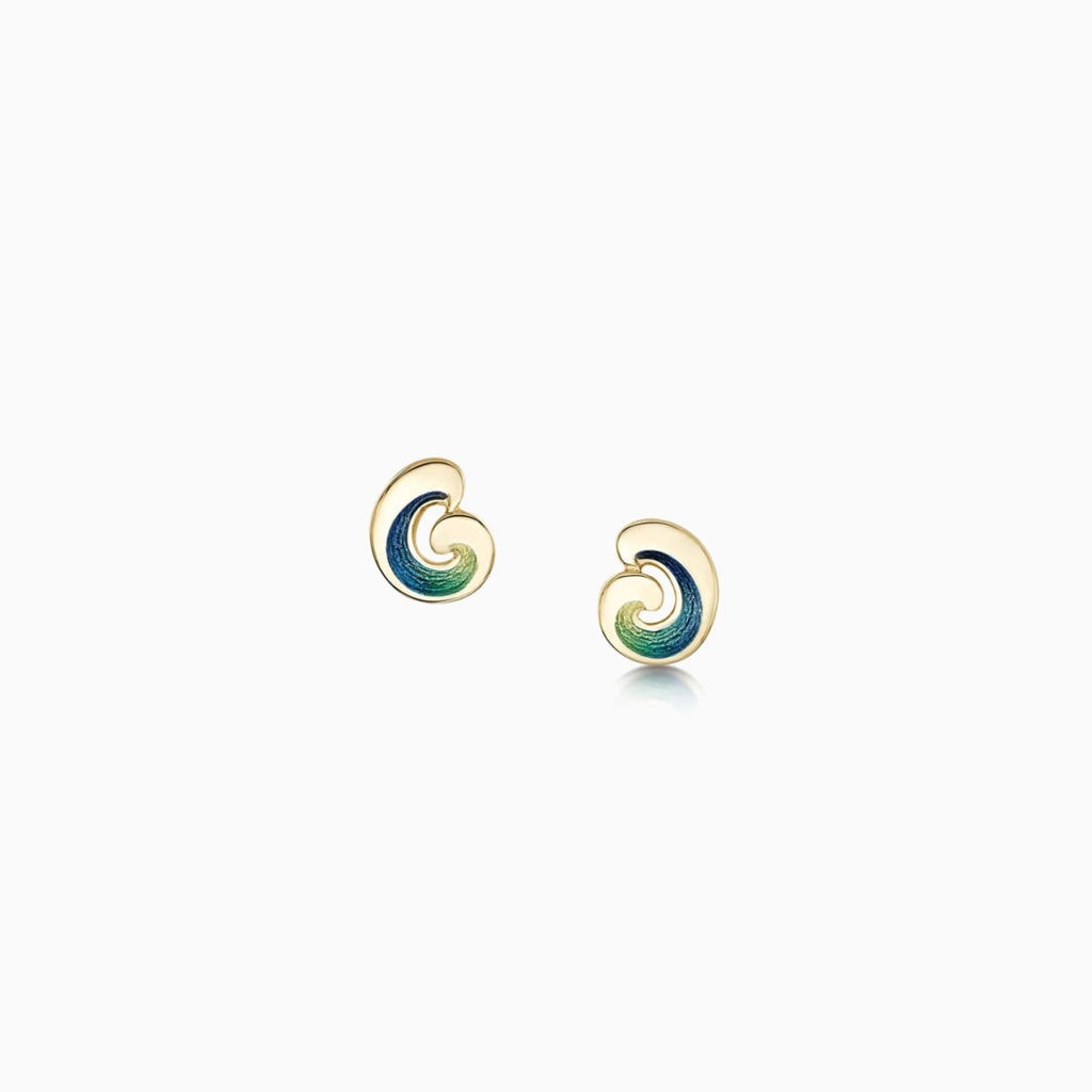 Stud earrings wave design with enamel detail 18ct yellow gold Sheila Fleet