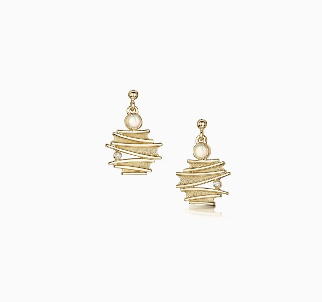 Drop earrings horizontal bar design with diamonds and moonstones 9ct yellow gold Sheila Fleet