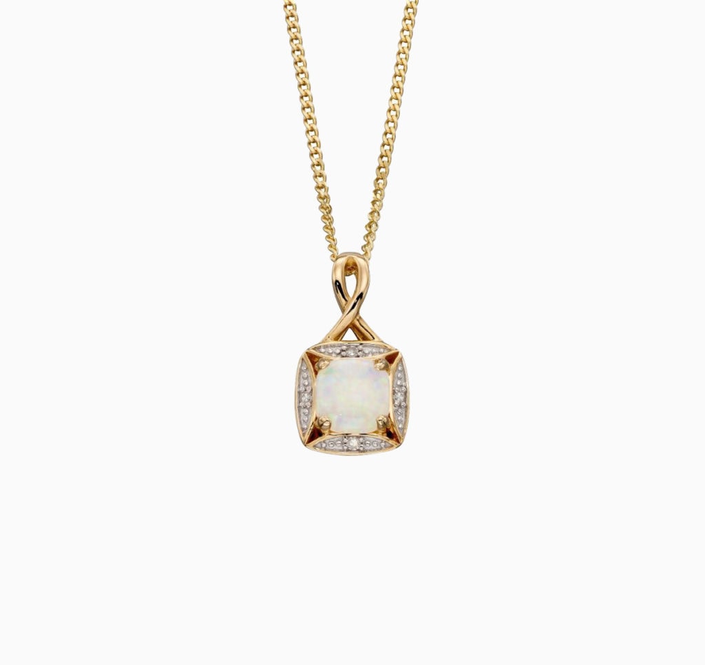 Pendant Opal in cushion mount with diamond halo 9ct yellow gold