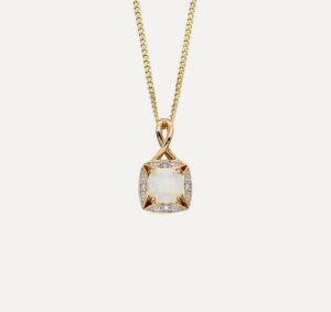 Pendant Opal in cushion mount with diamond halo 9ct yellow gold