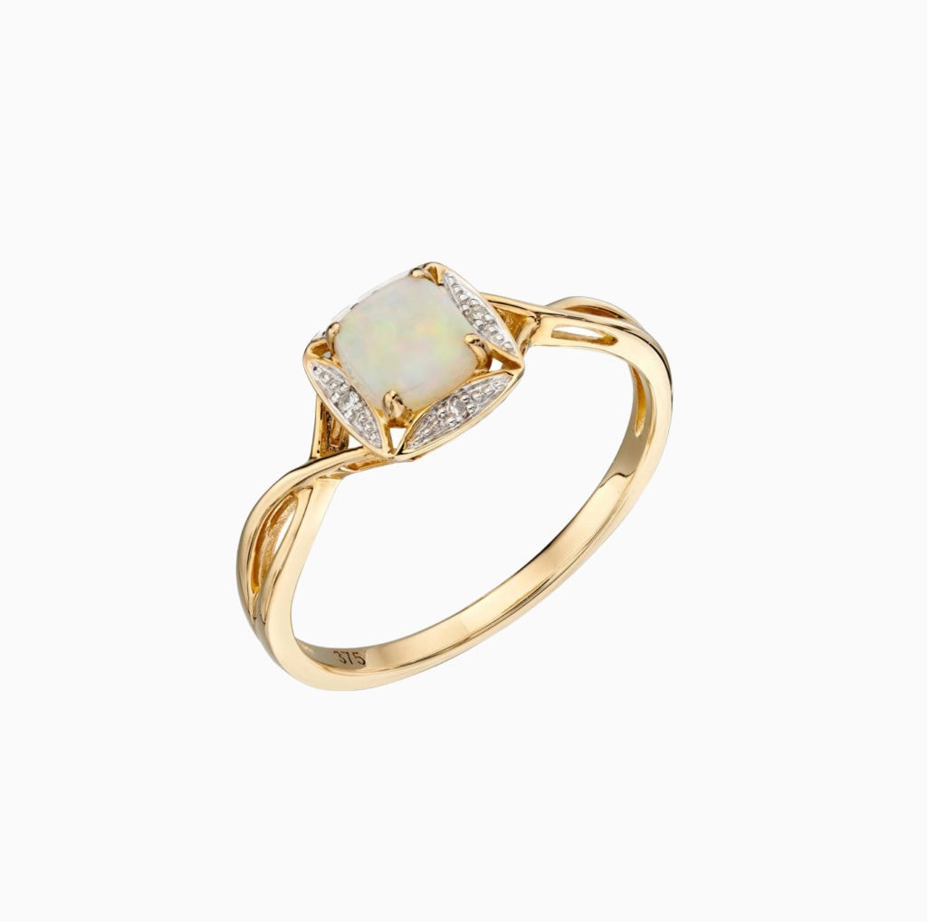 Dress ring cushion opal and dia halo 9ct yellow gold ring size N