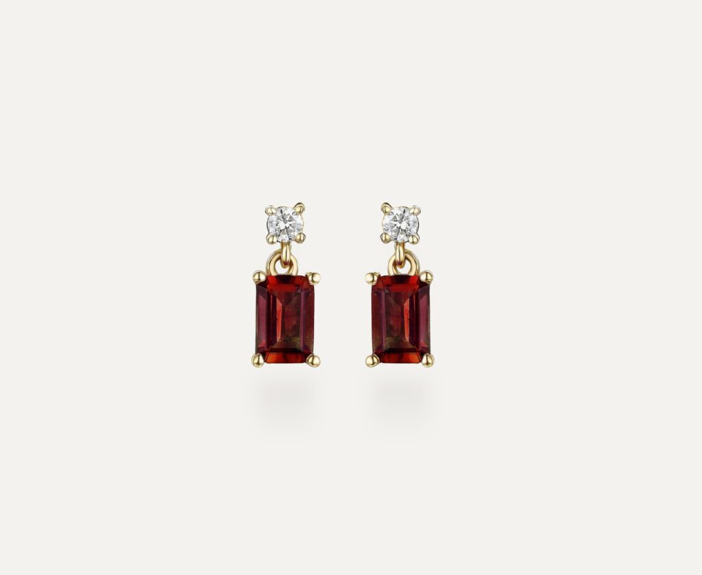 Drop earrings octagonal garnet 1.69ct and diamond 0.11ct 9ct yellow gold