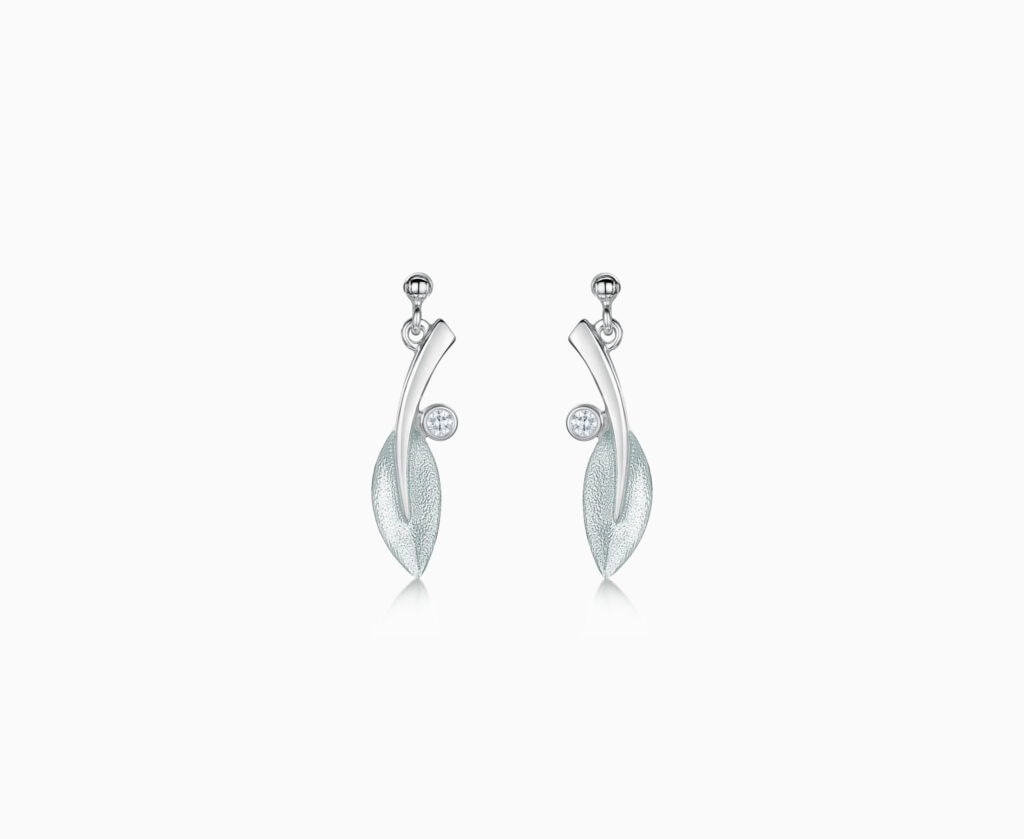 Drop earrings Rowan leaf in Frost silver