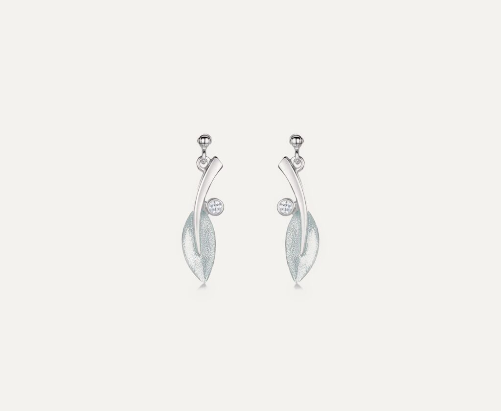 Drop earrings Rowan leaf in Frost silver