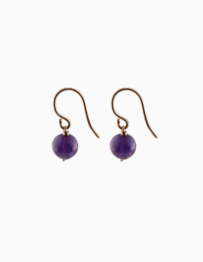 JCP drop earrings round Amethyst beads on 9ct yellow gold hook wires — side view