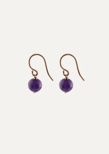 JCP drop earrings round Amethyst beads on 9ct yellow gold hook wires — side view