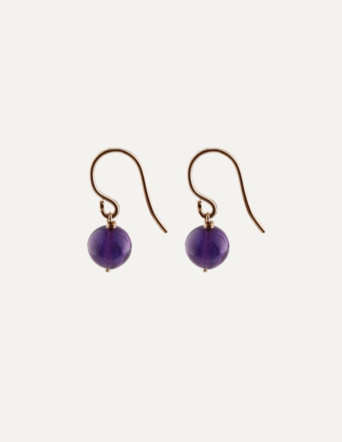 JCP drop earrings round Amethyst beads on 9ct yellow gold hook wires — side view