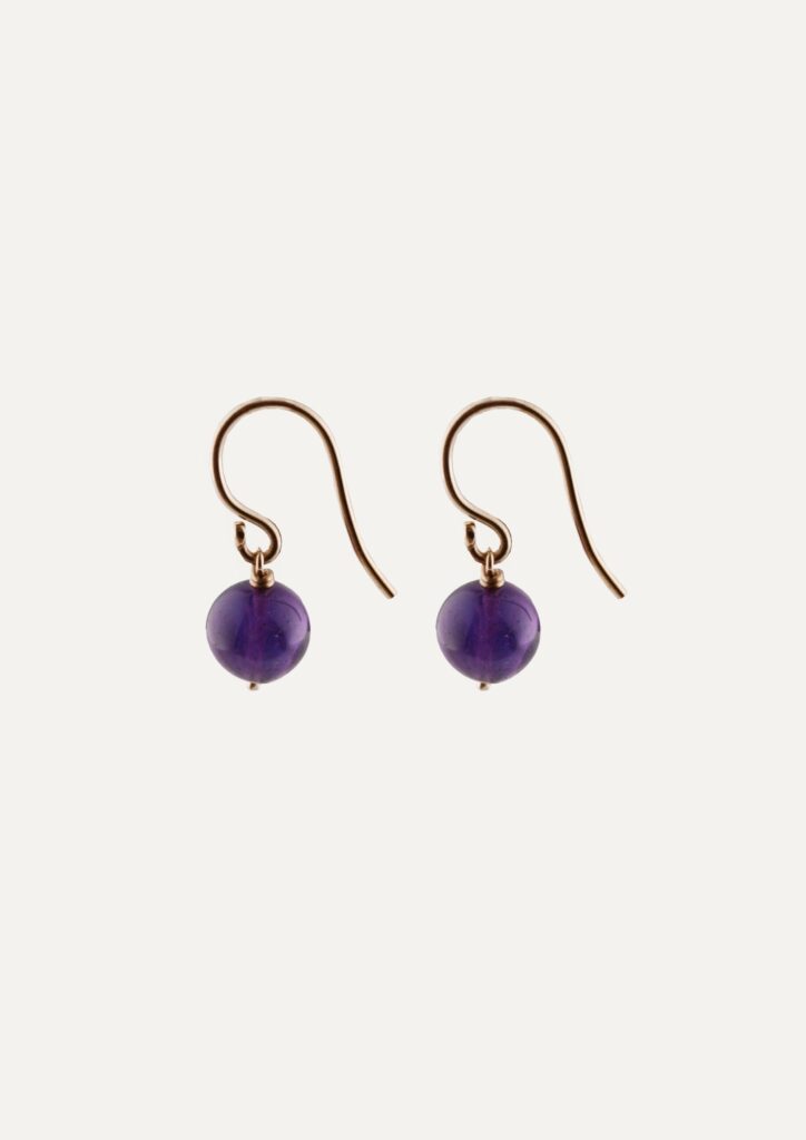 JCP drop earrings round Amethyst beads on 9ct yellow gold hook wires — side view