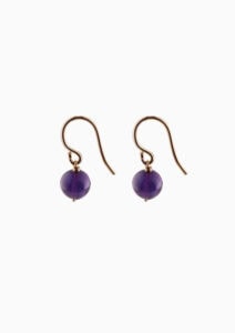 JCP drop earrings round Amethyst beads on 9ct yellow gold hook wires — side view