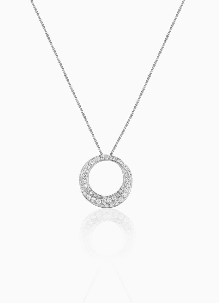 Pendant and chain twisted circle with diamonds 0.88ct 18ct white gold 18″ spiga chain