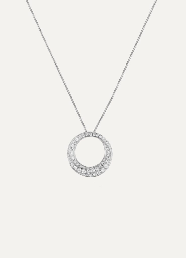 Pendant and chain twisted circle with diamonds 0.88ct 18ct white gold 18″ spiga chain