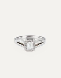 Halo emerald cut ring with split shoulders central diamond 0.50ct G VS2 diamond halo and shoulders 0.30ct platinum ring size O cert GIA 5211775633