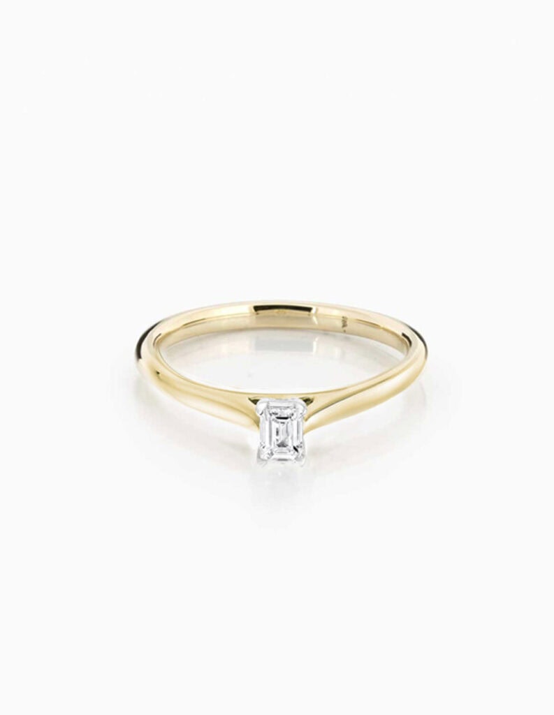 Solitaire emerald cut ring 4 claw diamond 0.24ct DVVS1 18ct yellow gold cert GIA16609150 ring size L